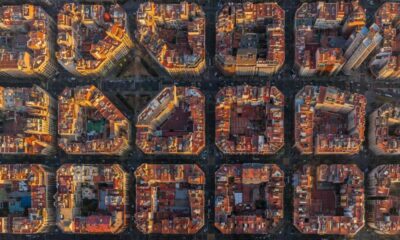 aerial view above of barcelona superblocks, spain.